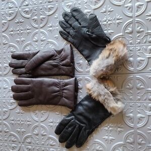 Women's Gloves Fownes Brown Leather Sz 7 & Grandoe Black Acrylic Sz 7.5